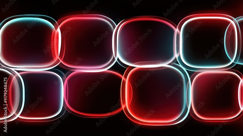 Poster abstract glowing red and blue rounded squares pattern on black background.