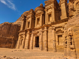 Petra, Jordan : ancient Monastery building in Petra (Ad Deir) one of the Seven Wonders of the World (historical place in Arab countries)