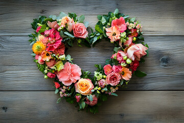 Rustic heart-shaped floral arrangement placed on a wooden surface