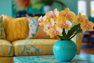 Vibrant Tropical Living Room with Bold Colors and Moth Orchids
