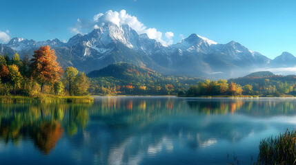 Serene Lake Reflects Autumn Colors and Majestic Snow-Capped Mountains under a Clear Blue Sky.