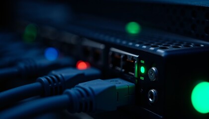 Close-up of blinking LED lights on a server rack, reflecting on black metal surface with network cables