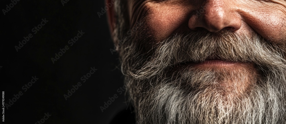 Aufkleber close-up of a bearded senior man smiling against a dark background showcasing his nose and mouth wit