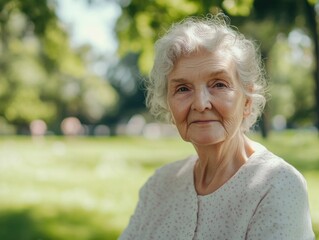 Senior woman with gray hair smiling gently in a sunny summer park setting with lush green grass and trees creating a serene atmosphere for text placement