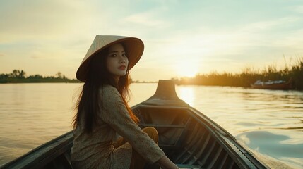 Fototapeta premium Woman in conical hat sits in boat at sunset, serene river scene.