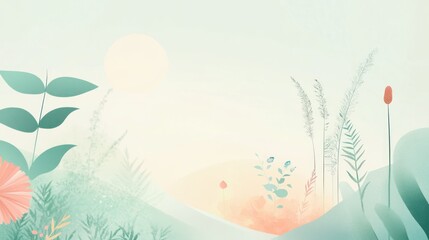 Serene sunrise landscape with soft pastel flowers and plants.