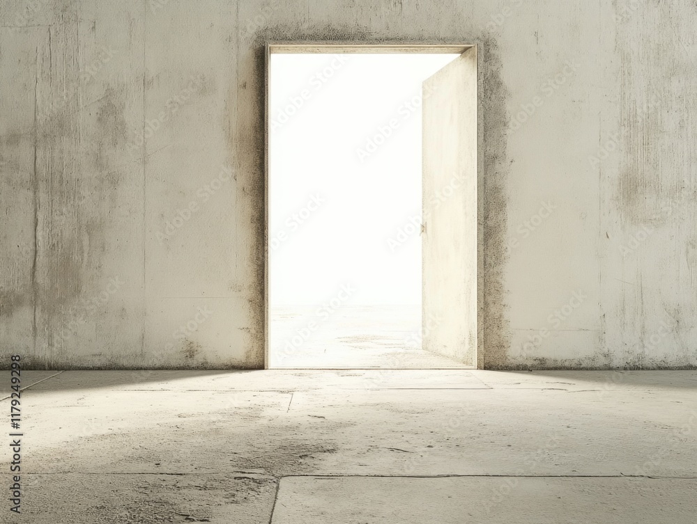 Poster bright open doorway in an empty minimalist workspace with concrete walls and floor, inviting light a