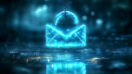Glowing Email Icon Hangs Securely Above Reflective Surface at Night, Symbolizing Data Privacy and Security
