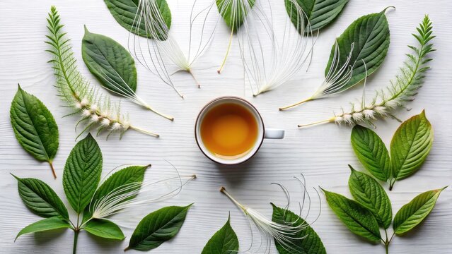 Abstract Architectural Photography of Cat's Whisker, Java Tea, Misai Kuching Leaves on White Background for Nature and Herbal Remedies Themes
