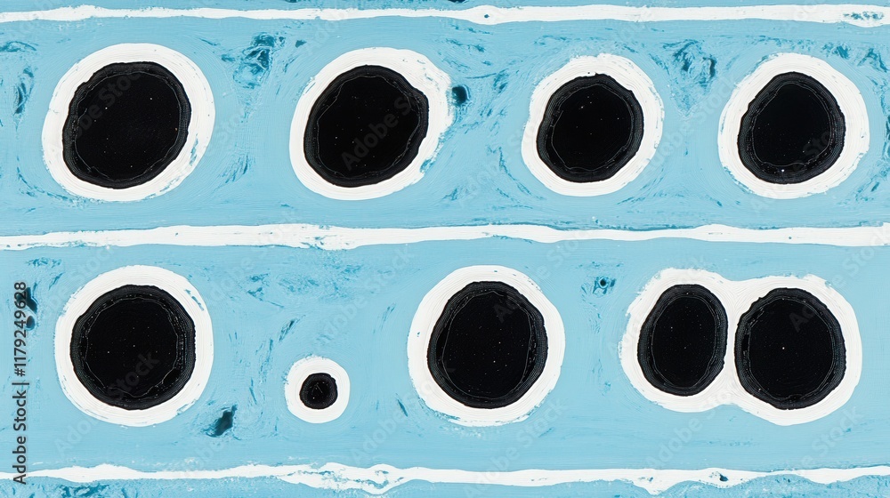 Poster abstract blue and black circular patterns with white borders on a light blue canvas background
