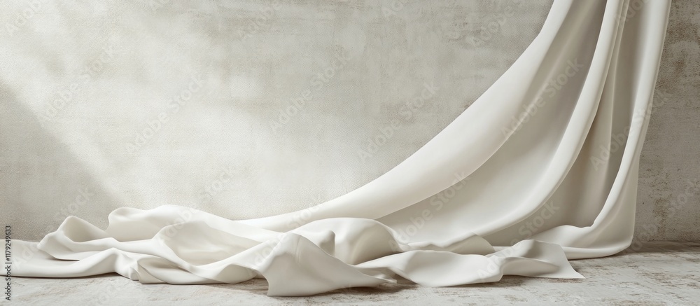 Poster elegant off-white fabric draped gracefully on textured concrete background with ample blank space fo