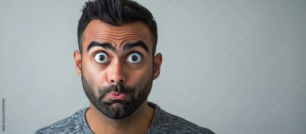 Poster amused south asian man with exaggerated facial expression against a soft gray backdrop with ample co