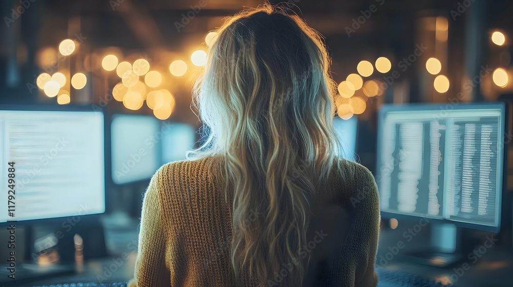 Poster woman working late at night on computer code displayed on monitors in office