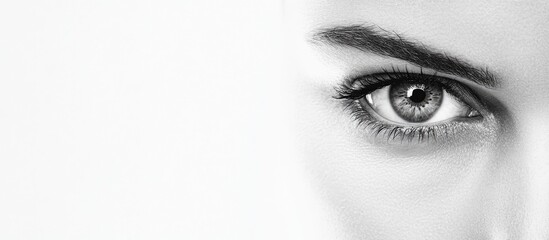 Close-up of a woman's captivating blue eye with a thoughtful expression on the left side against a soft white background for text space.