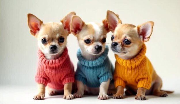 Cachorros de chihuahua vestidos con jersey de colores vivos sobre fondo claro