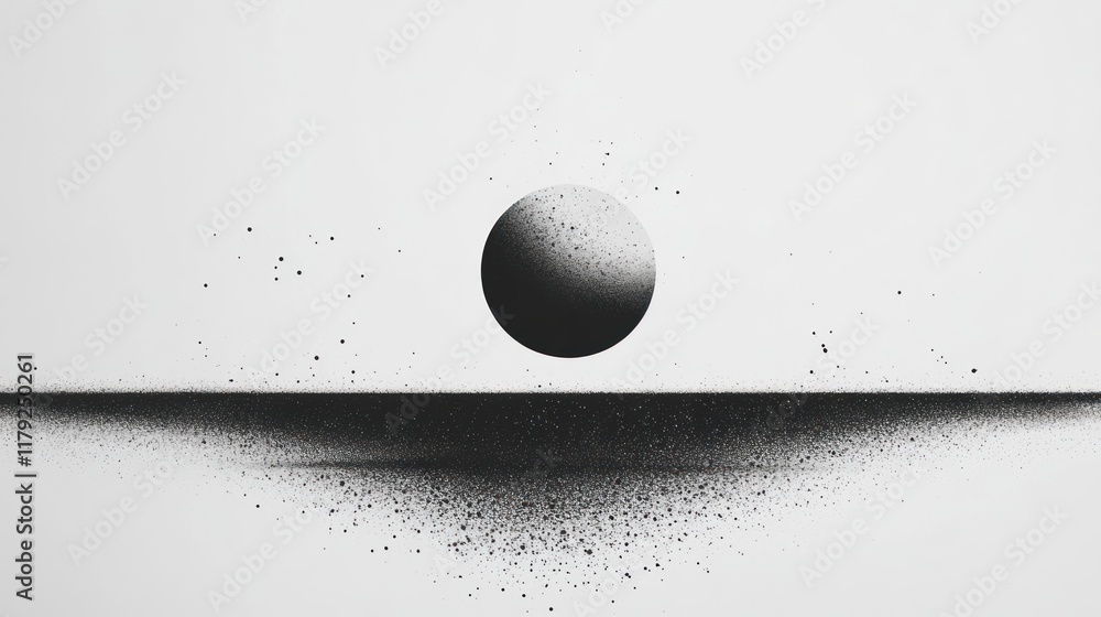 Poster abstract grayscale sphere hovering over a dark horizon with scattered particles.