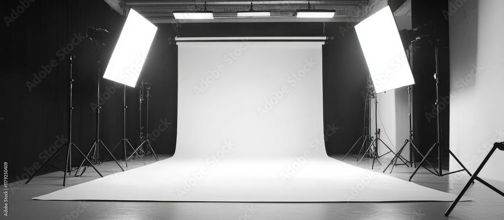 Poster black and white studio photography showcasing well-lit empty backdrop with ample copy space for text