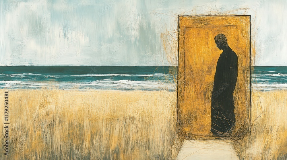 Poster thoughtful figure standing at open doorway overlooking calm ocean and golden fields in surreal artis