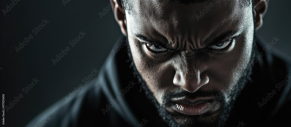 Poster intense black man with fierce expression and strong features against dark background with ample copy