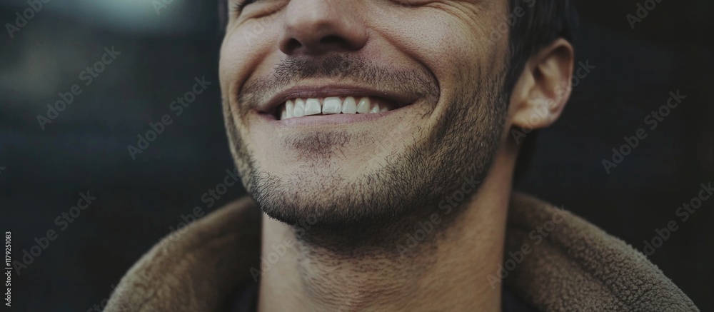 Poster smiling handsome man with a cheerful expression and empty copyspace for text in a dark urban setting