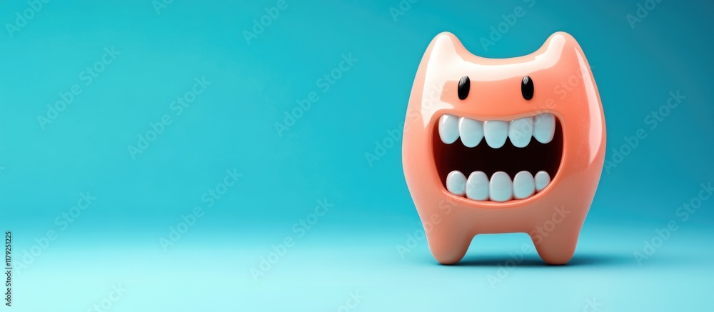 Poster colorful close-up of cartoon baby tooth with exaggerated smile on turquoise background showcasing la