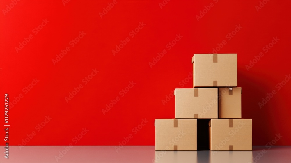 Poster empty cardboard boxes are neatly stacked on a smooth surface beside a vibrant red wall, creating a b
