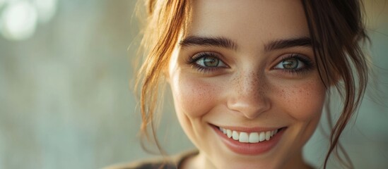 happy young woman with warm brown hair and freckles smiling joyfully with a gift in a softly blurred background creating ample empty space for text