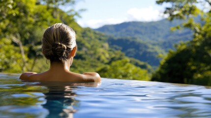 Fototapeta premium A person relaxes in an infinity pool while taking in the beauty of a rainforest, with hills and greenery in the background