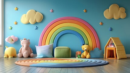 Cute childs room interior with beautiful rainbow painted on wall