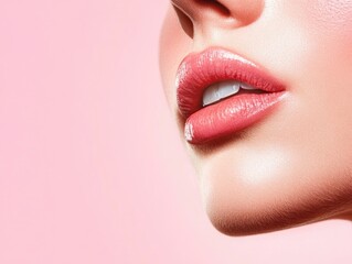 Naklejka premium Facial Rejuvenation Procedures Close-Up of Glossy Lips and Smooth Skin on Light Pink Background in Beauty Salon with Minimal Copy Space