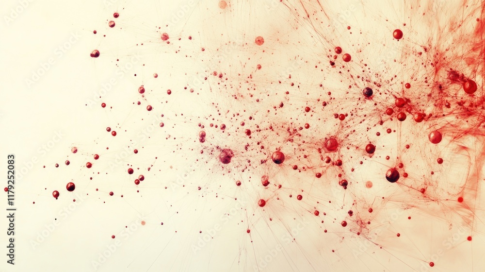 Poster abstract red and beige global network design featuring scattered spheres and lines with ample copysp