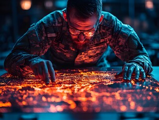 Military Strategist Reviewing Holographic Battlefield Map in High Tech Center