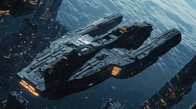 Futuristic spaceship soaring through space over a dark ocean backdrop with vast empty copyspace for text and idea representation
