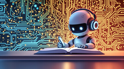 AI Robot Writing in a Book with Circuit Background
