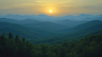 Fototapeta premium A serene landscape featuring rolling mountains and a sunrise illuminating the sky.