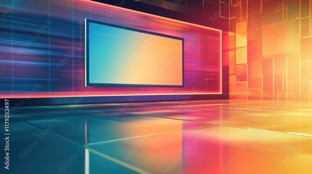 Poster vibrant modern media studio interior with large empty screen space for text surrounded by colorful l