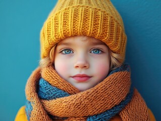 Stylish Young Boy in Yellow Knit Beanie and Orange Scarf Against Teal Background with Empty Copyspace for Text Winter Fashion Concepts