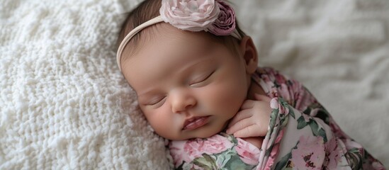 Newborn baby girl peacefully sleeping on a soft white blanket adorned with pink floral wrap and headband, ideal for creative text placement.