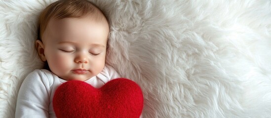 newborn baby girl peacefully sleeping on soft white fur background cradled in a cozy cocoon holding red toy heart surrounded by ample copyspace for text