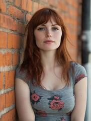 Fototapeta premium Confident young woman with long reddish hair leaning against a rustic orange brick wall wearing a floral grey top showcasing an inviting atmosphere for text