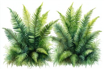 Two lush green ferns depicted in a watercolor style, emphasizing natural beauty.