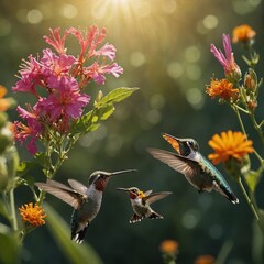 A hummingbird and a butterfly sharing the nectar of the same flower under the morning sun.