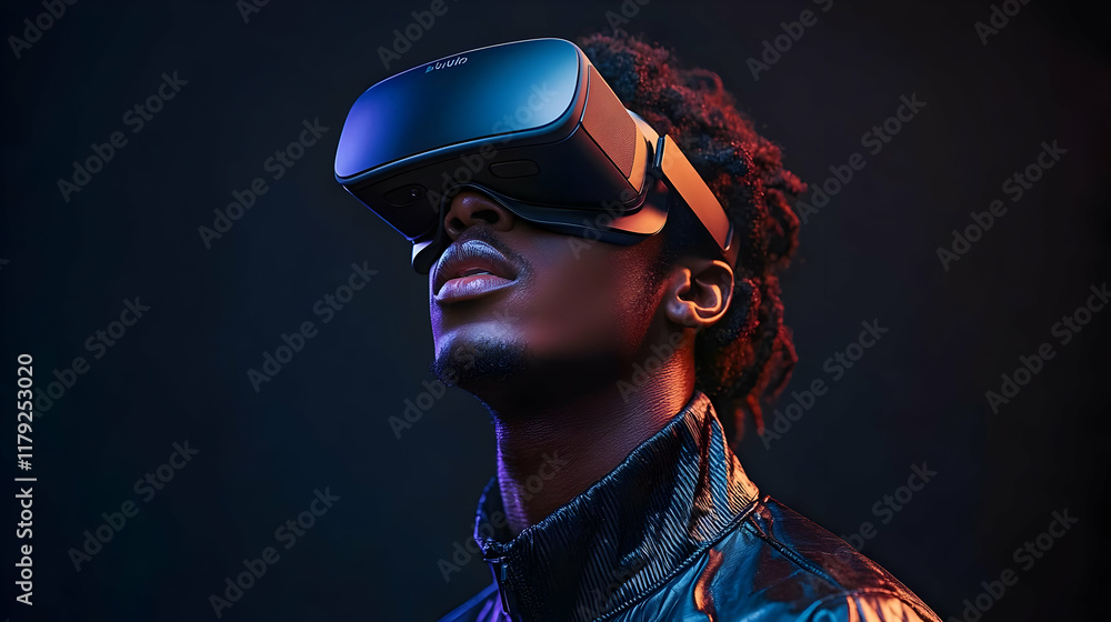 Aufkleber man experiences virtual reality using vr headset and explores immersive technology in dark room.