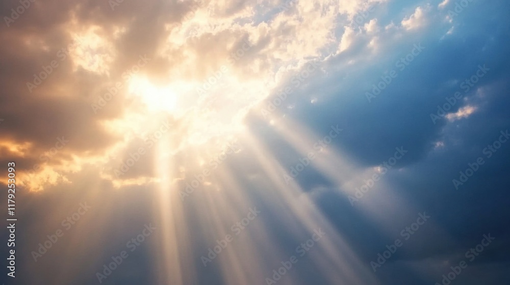 Poster sunlight streams through clouds, creating a stunning display of light and shadow as evening approach