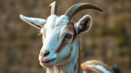 Fototapeta premium Goat with distinct markings smiles gently against a blurred natural background in the afternoon light