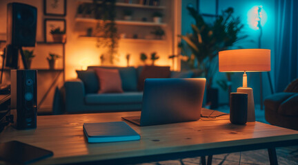 Modern Tech Workspace with Laptop and Smart Speaker in Cozy Home Setting