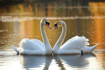 white swans on an autumn lake on a sunny day 