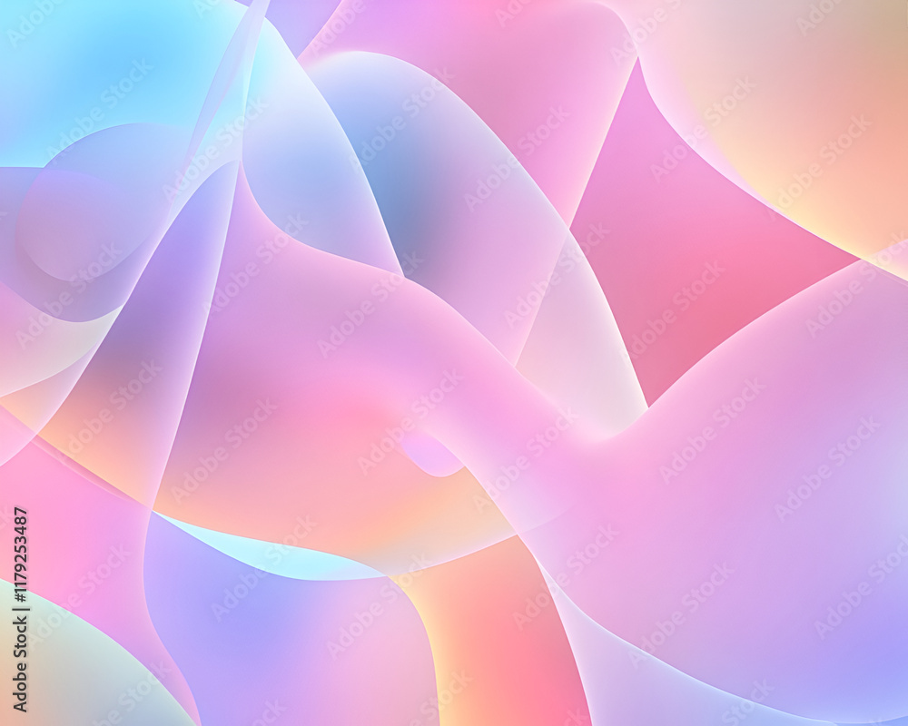 Poster overlapping translucent shapes with soft neon colors creating a layered, dreamy, and atmospheric wal