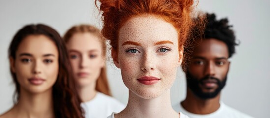 Fototapeta premium Diverse Group Portrait of Freckled Red Haired Woman with Casual White Attire Surrounded by Multicultural Friends in Studio Setting