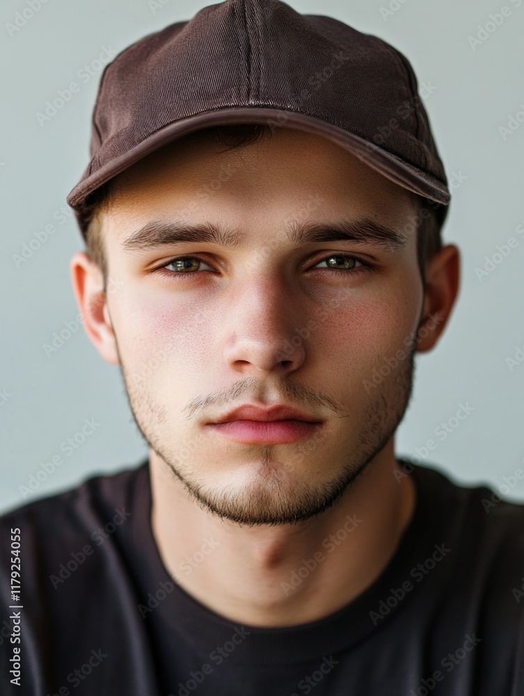 Poster handsome young man wearing a dark cap with neutral background showcasing facial features and large e